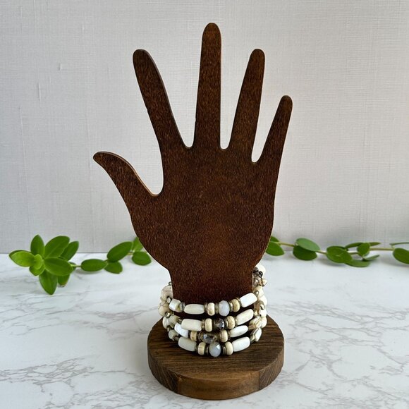 Handmade White & Gold Memory Wire Glass Bead Bracelet - Picture 8 of 8